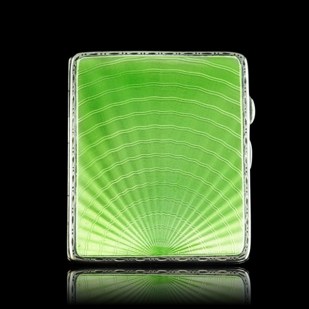 Sterling Silver Cigarette Case with Green Sunburst Enamel Guilloche - Joseph Gloster 1933 View XVII