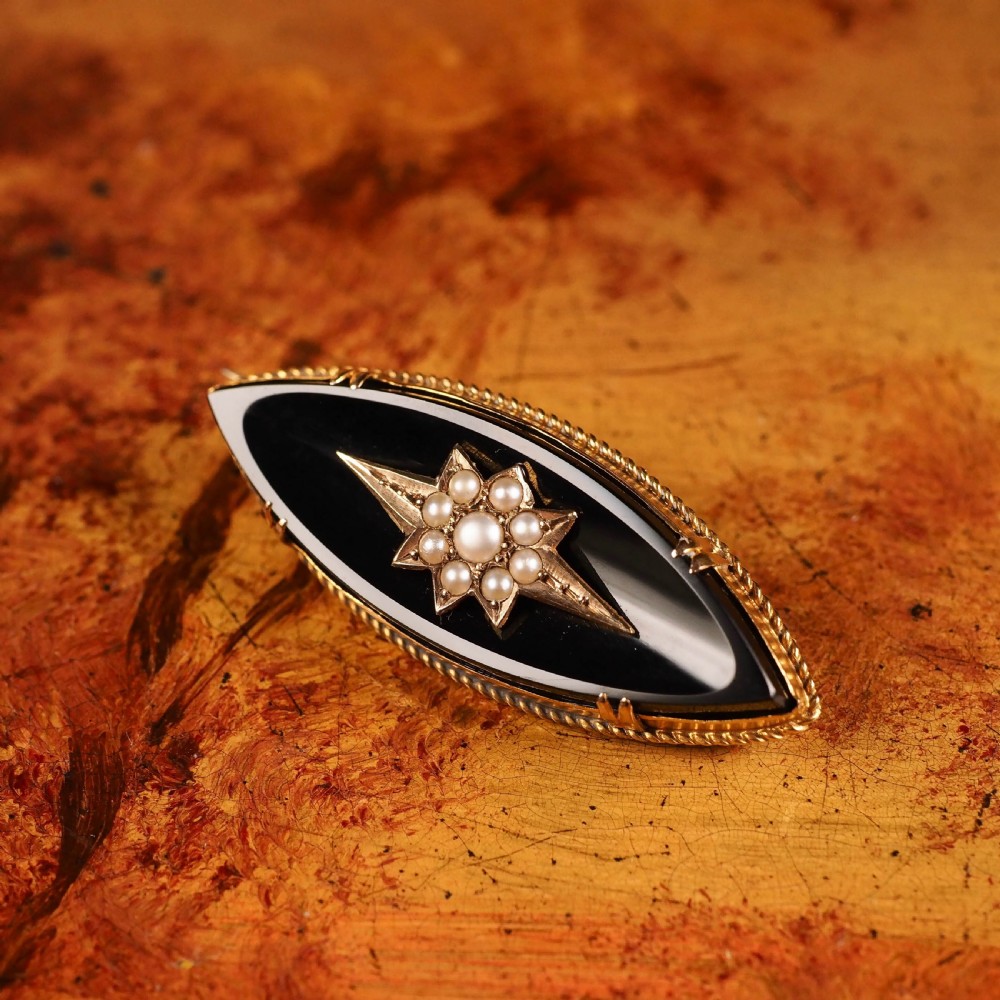 Antique Victorian Onyx & Pearl 18K Gold Brooch
