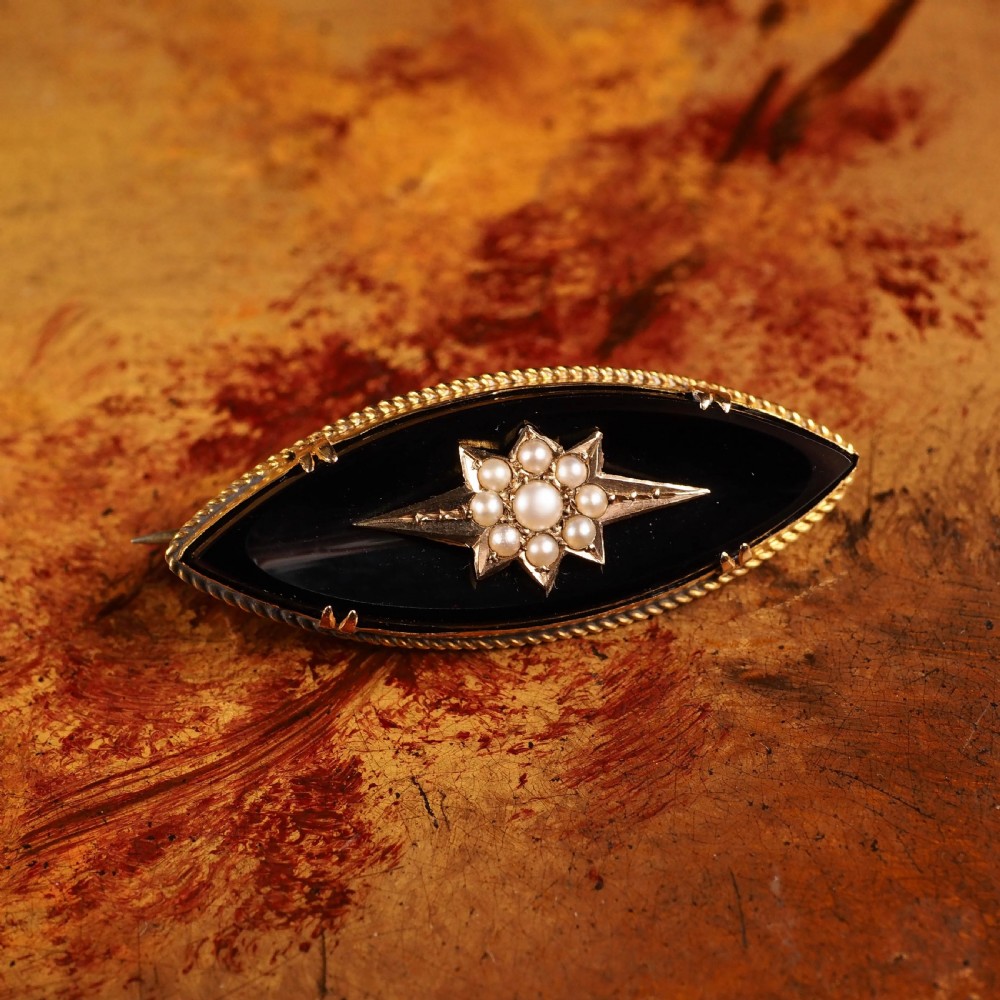Antique Victorian Onyx & Pearl 18K Gold Brooch View II
