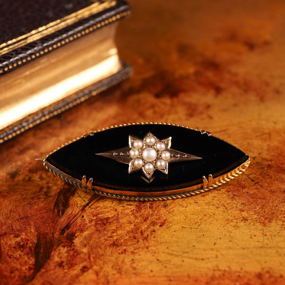 Antique Victorian Onyx & Pearl 18K Gold Brooch View III