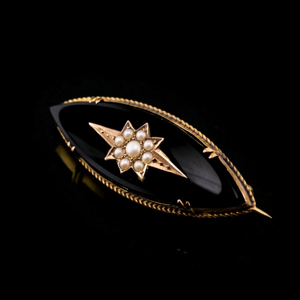Antique Victorian Onyx & Pearl 18K Gold Brooch View X