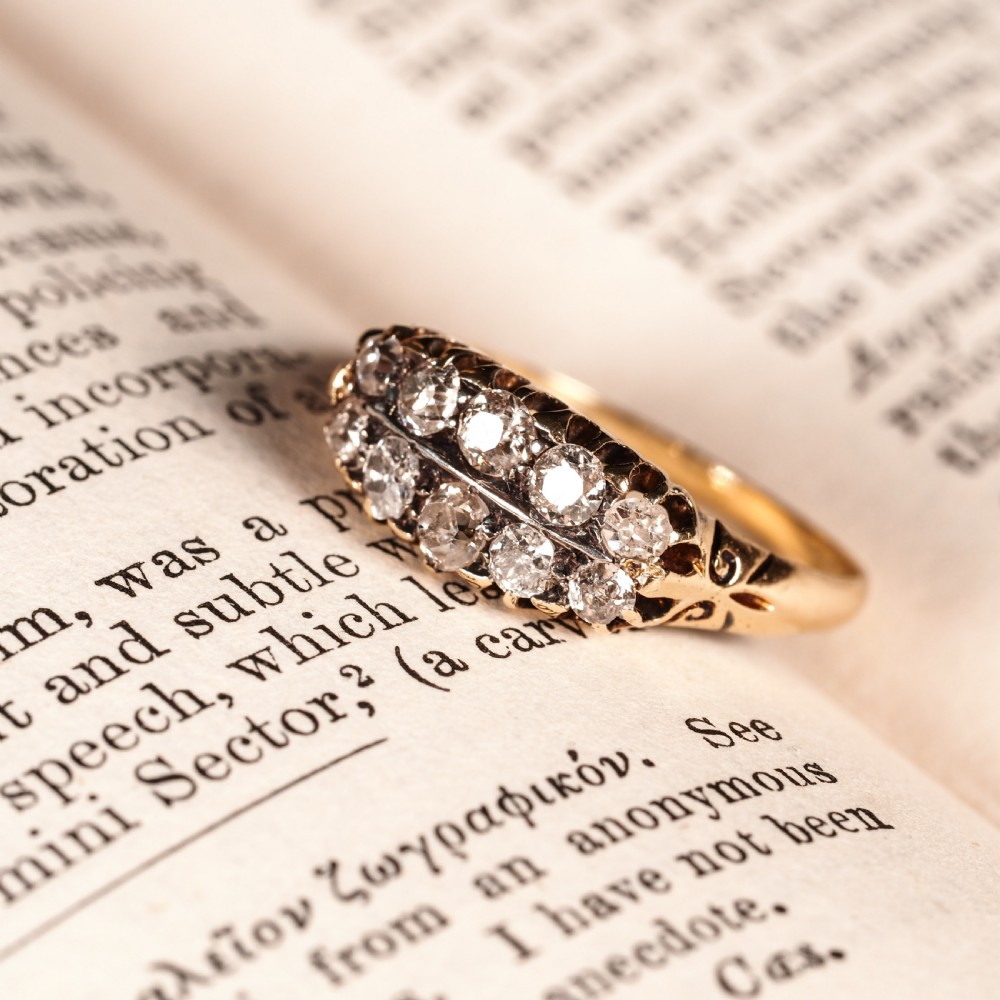 Antique Victorian 18K Gold Diamond Ring Old Mine Cut Two Row Boat-Shaped - c.1890 View VIII
