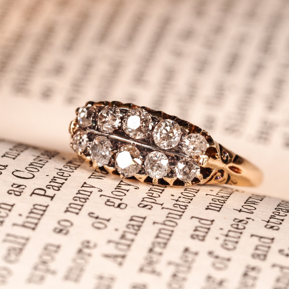 Antique Victorian 18K Gold Diamond Ring Old Mine Cut Two Row Boat-Shaped - c.1890 View II
