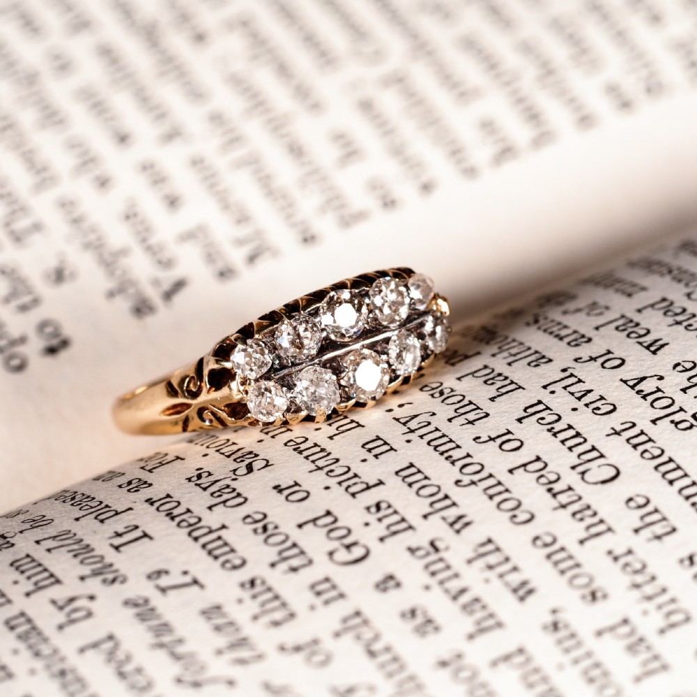 Antique Victorian 18K Gold Diamond Ring Old Mine Cut Two Row Boat-Shaped - c.1890 View III