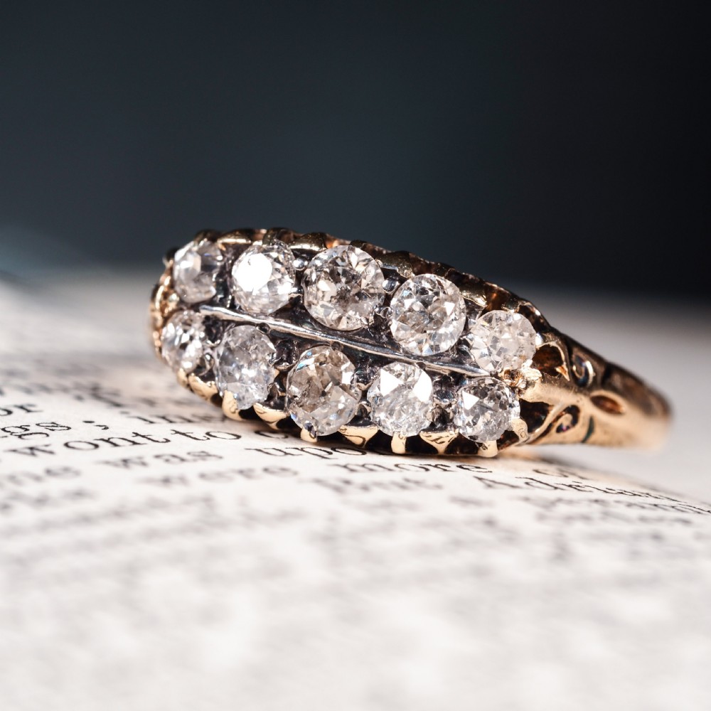 Antique Victorian 18K Gold Diamond Ring Old Mine Cut Two Row Boat-Shaped - c.1890 View V
