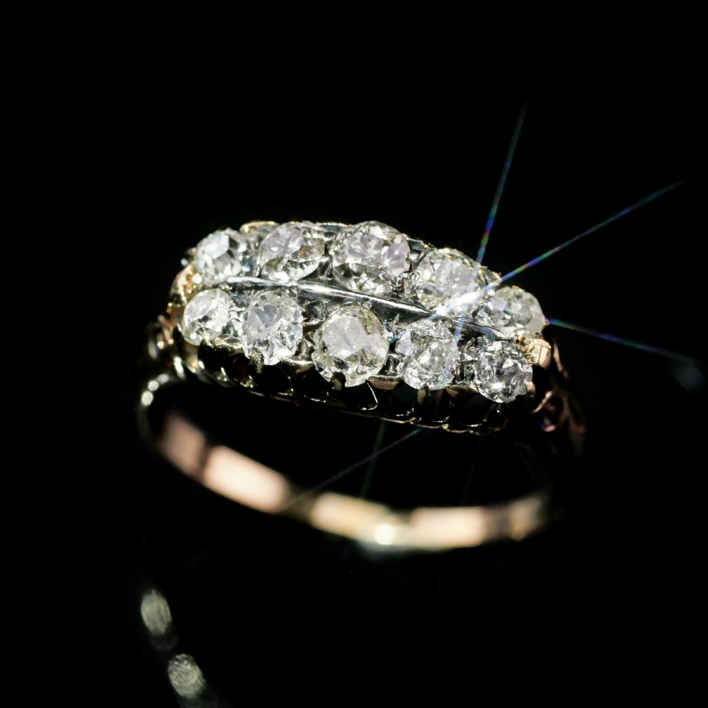 Antique Victorian 18K Gold Diamond Ring Old Mine Cut Two Row Boat-Shaped - c.1890 View VII