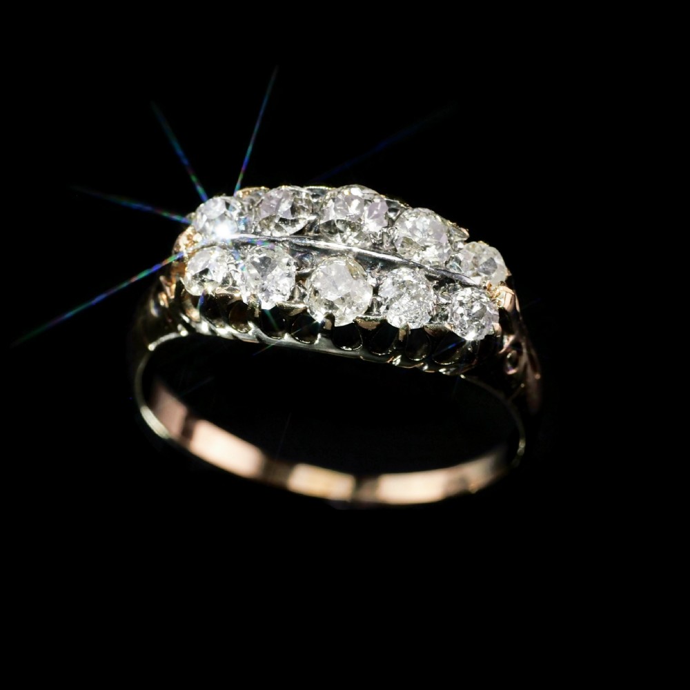 Antique Victorian 18K Gold Diamond Ring Old Mine Cut Two Row Boat-Shaped - c.1890 View IX