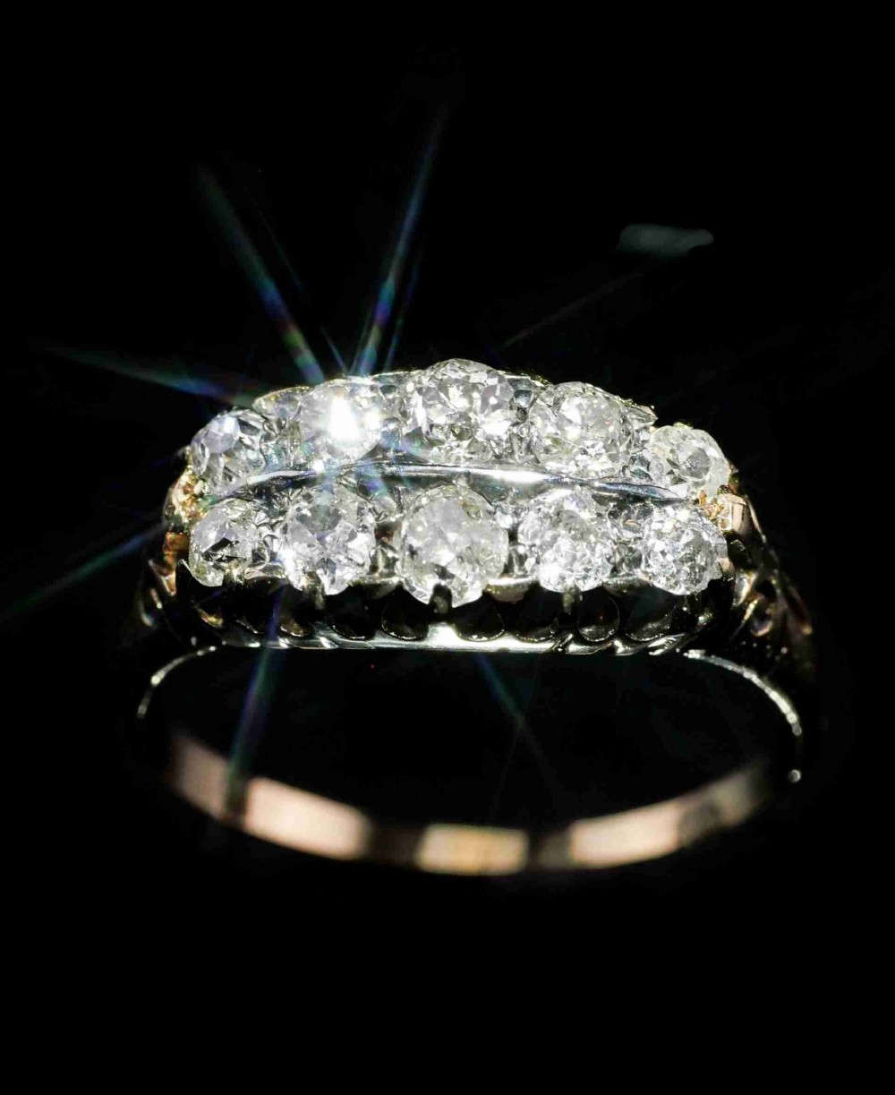 Antique Victorian 18K Gold Diamond Ring Old Mine Cut Two Row Boat-Shaped - c.1890
