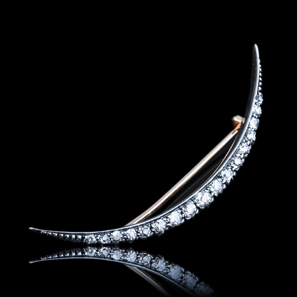 Antique Victorian Diamond Brooch Crescent 14ct Gold - c.1890