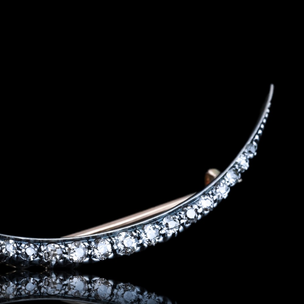 Antique Victorian Diamond Brooch Crescent 14ct Gold - c.1890 View IV