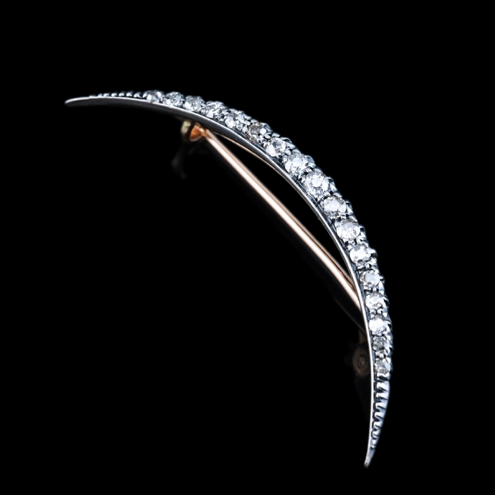 Antique Victorian Diamond Brooch Crescent 14ct Gold - c.1890 View VII