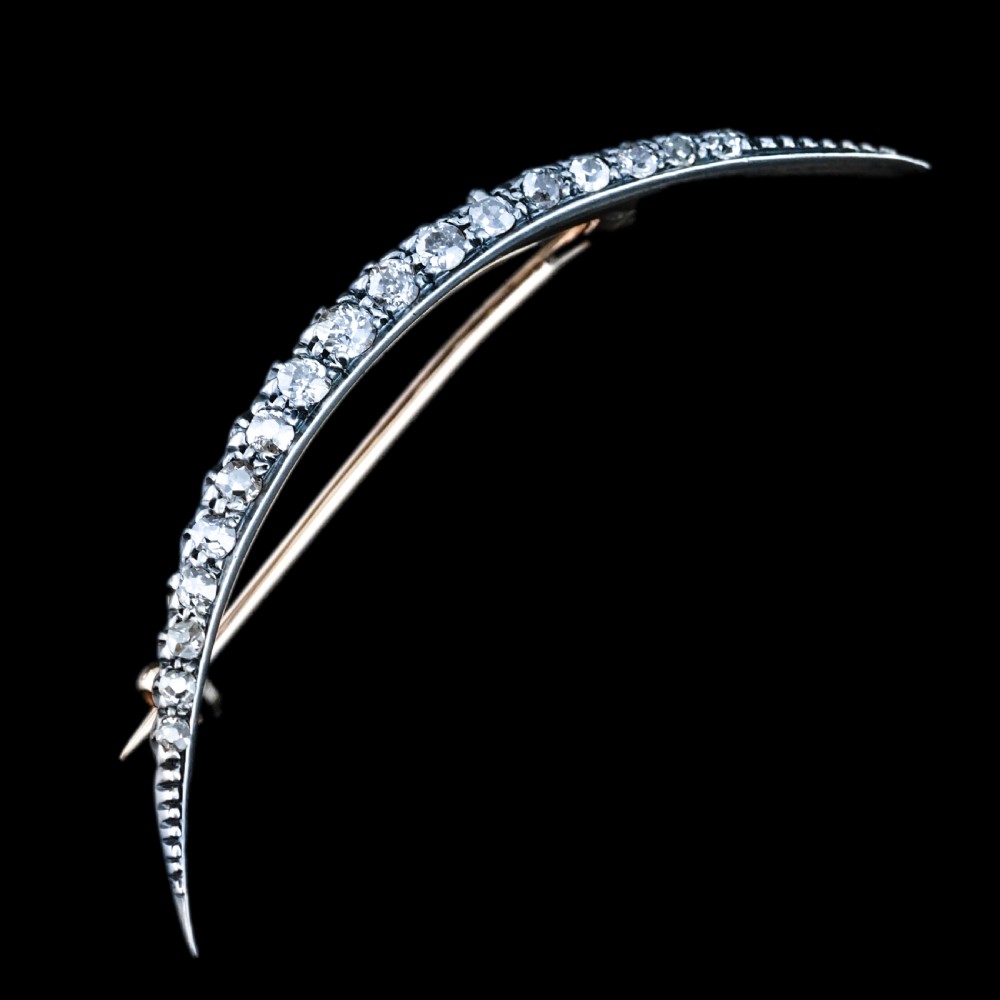 Antique Victorian Diamond Brooch Crescent 14ct Gold - c.1890 View VIII