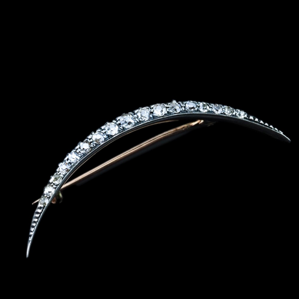 Antique Victorian Diamond Brooch Crescent 14ct Gold - c.1890 View IX