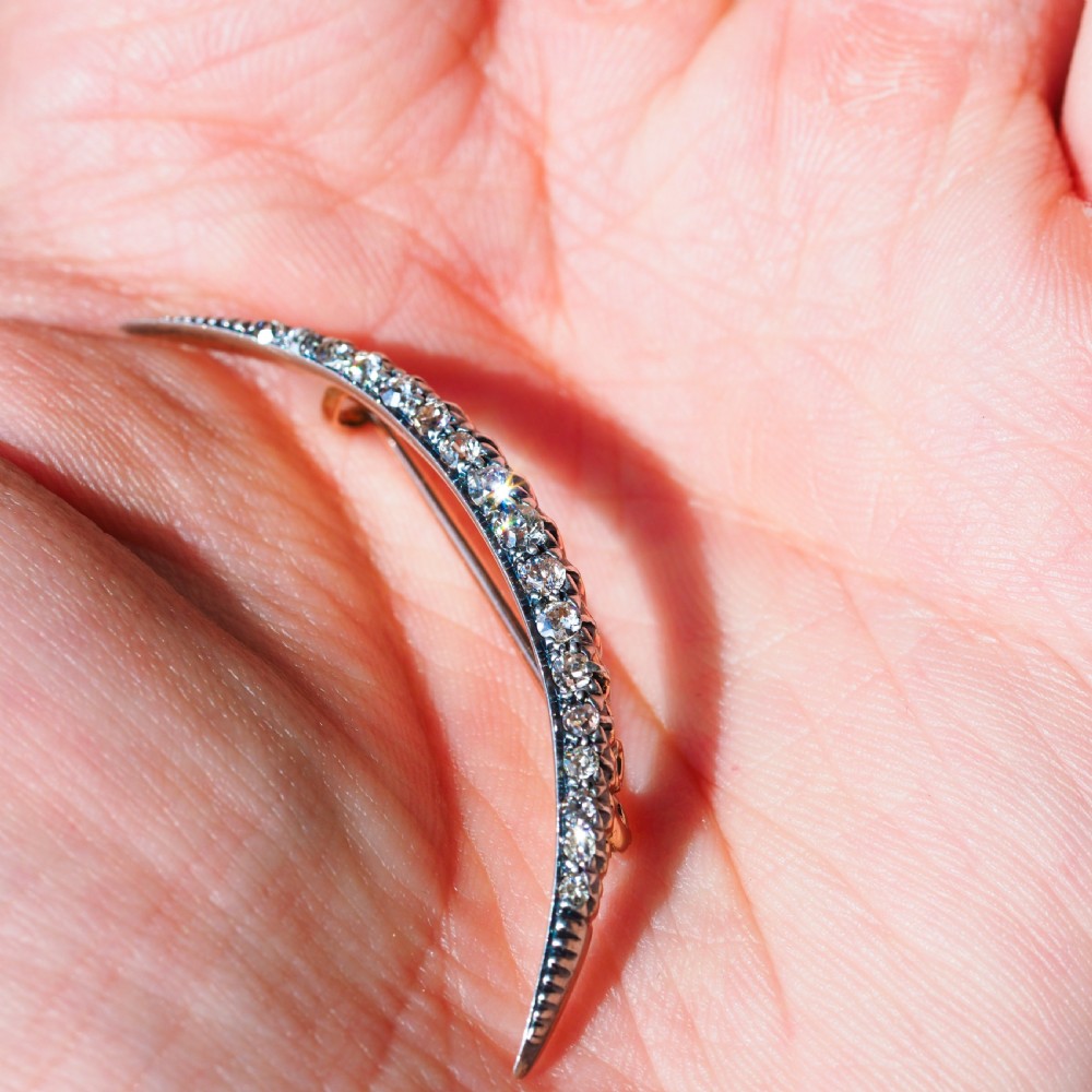Antique Victorian Diamond Brooch Crescent 14ct Gold - c.1890 View XVI