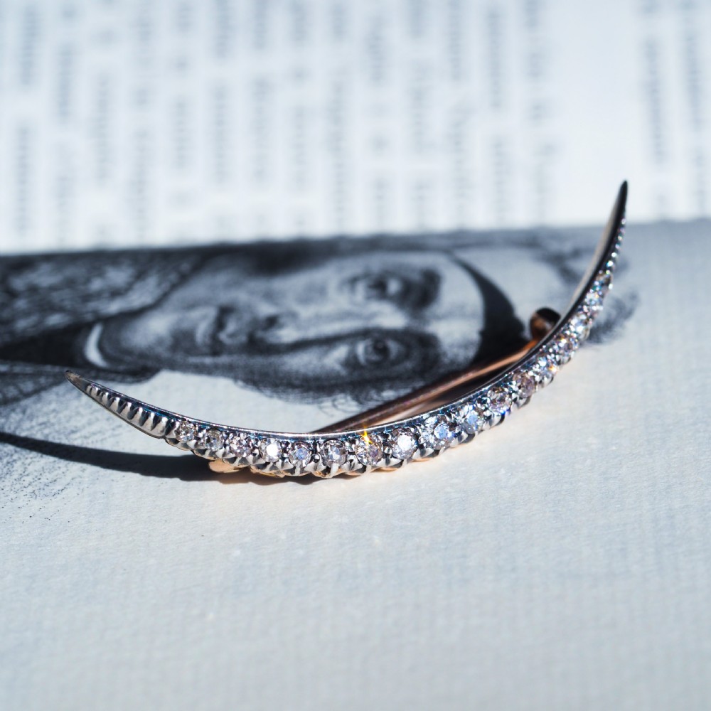 Antique Victorian Diamond Brooch Crescent 14ct Gold - c.1890 View XIX