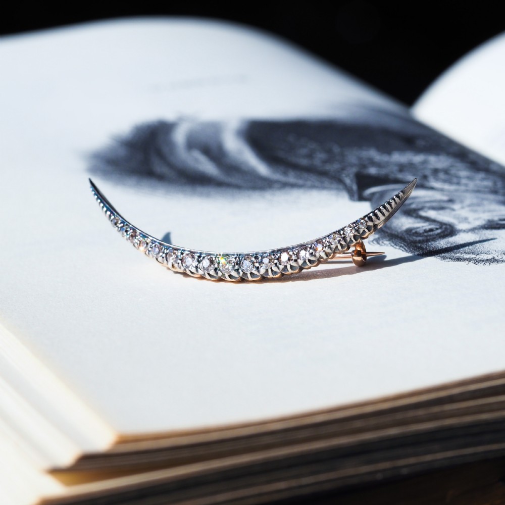 Antique Victorian Diamond Brooch Crescent 14ct Gold - c.1890 View XXII