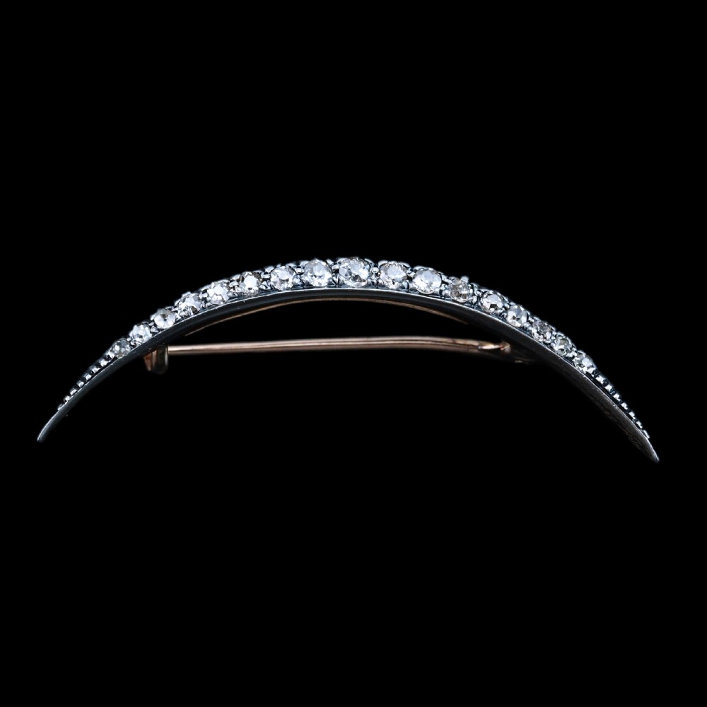 Antique Victorian Diamond Brooch Crescent 14ct Gold - c.1890 View XXIII