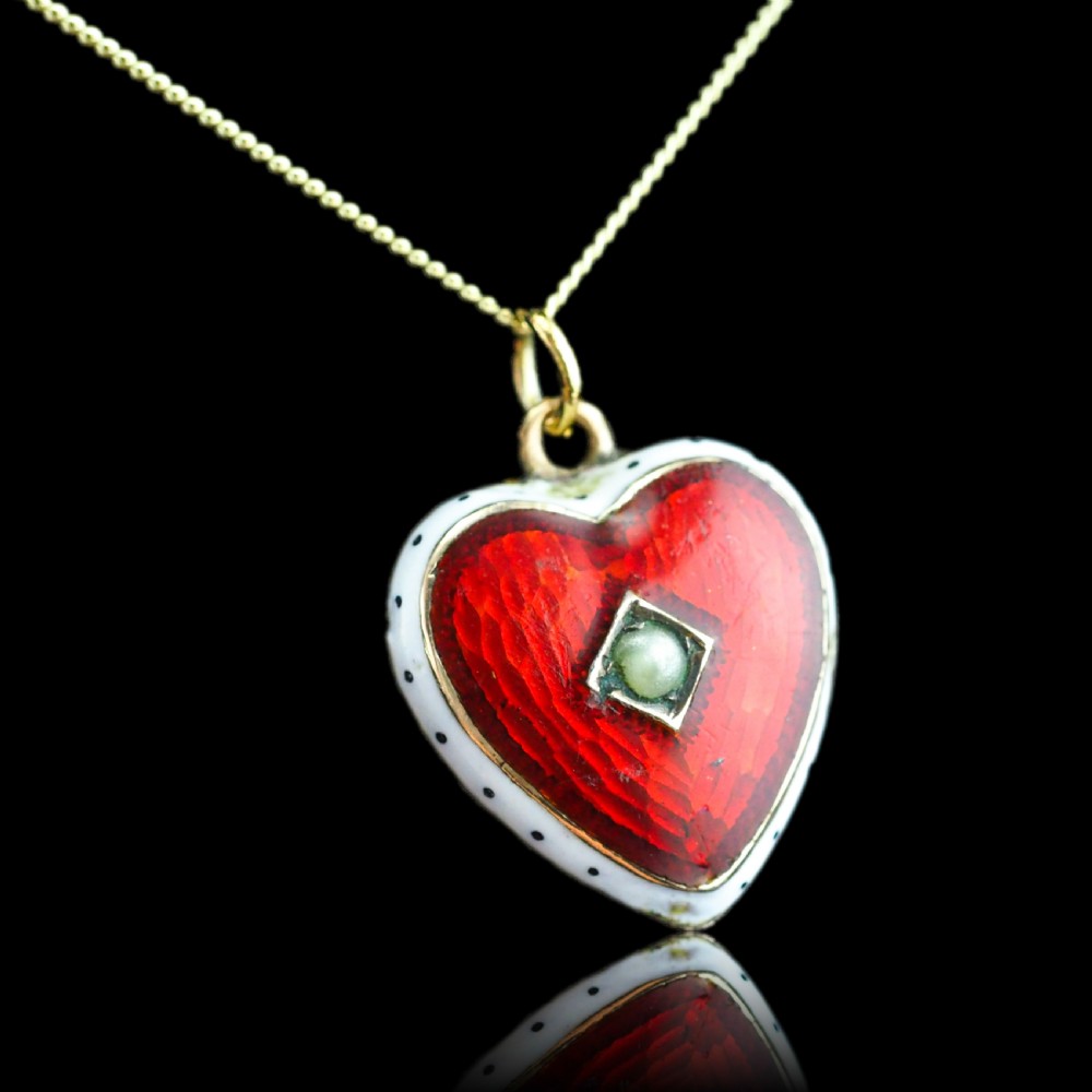 Antique Victorian Puffy Heart Pendant Necklace Red & White Enamel 9ct - c.1900