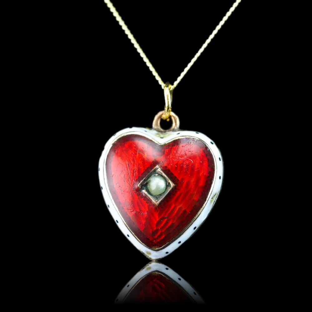 Antique Victorian Puffy Heart Pendant Necklace Red & White Enamel 9ct - c.1900 View II