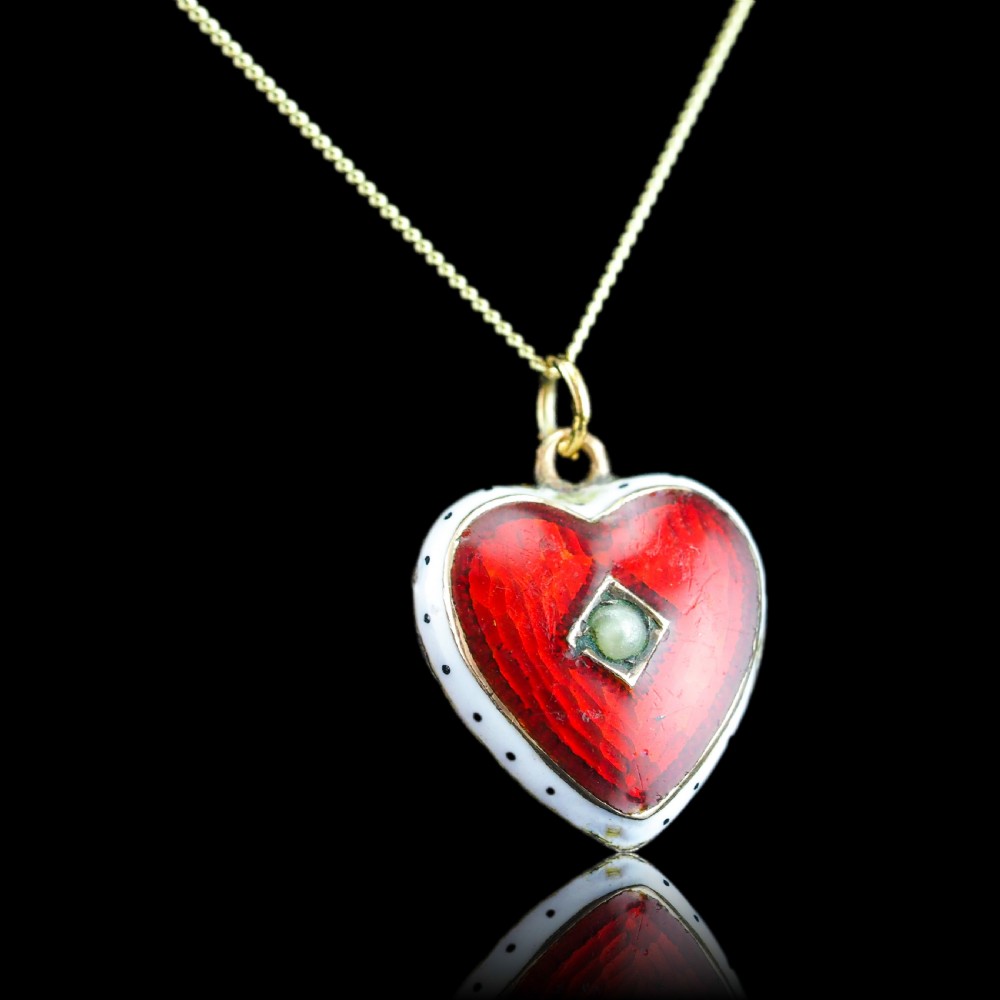 Antique Victorian Puffy Heart Pendant Necklace Red & White Enamel 9ct - c.1900 View III