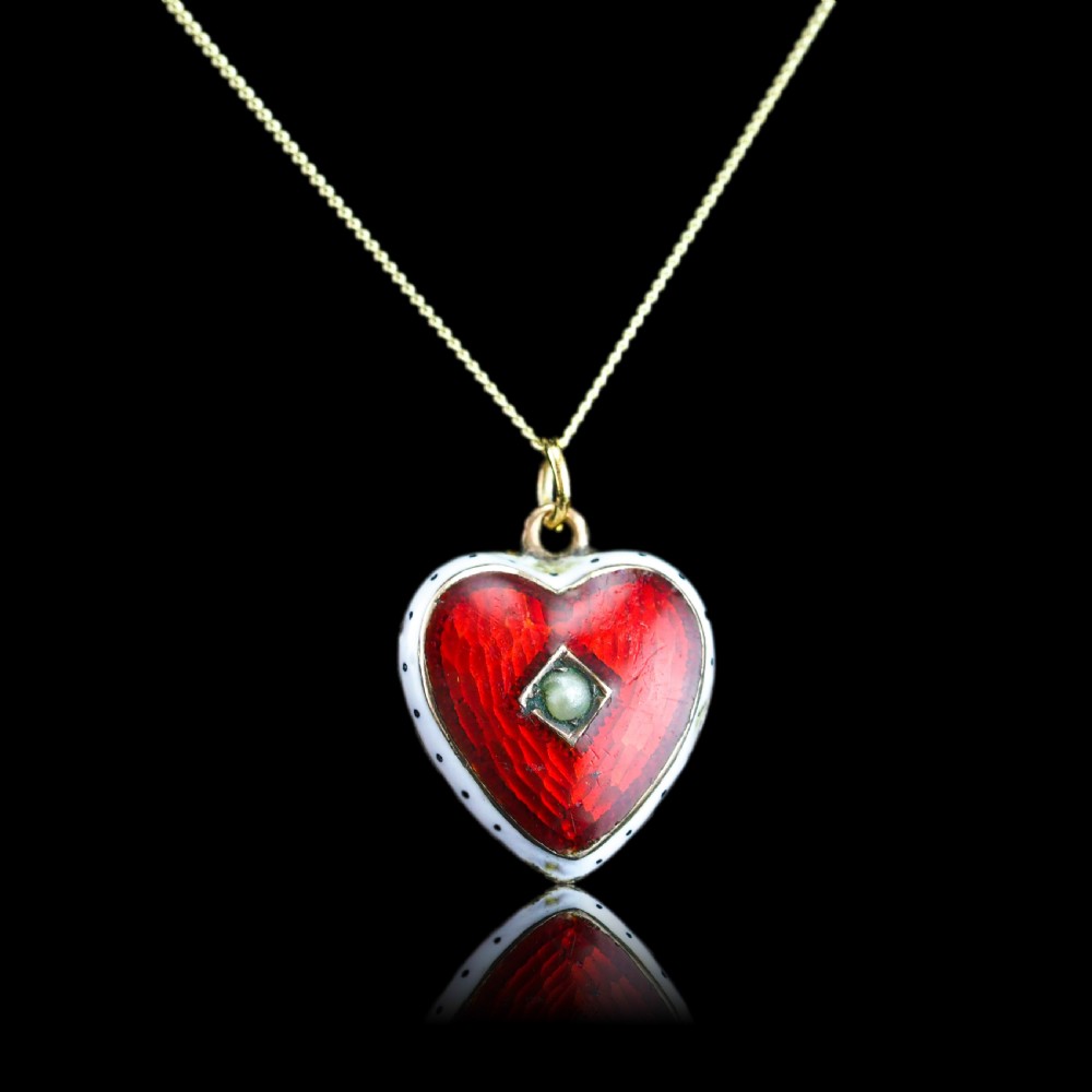 Antique Victorian Puffy Heart Pendant Necklace Red & White Enamel 9ct - c.1900 View V