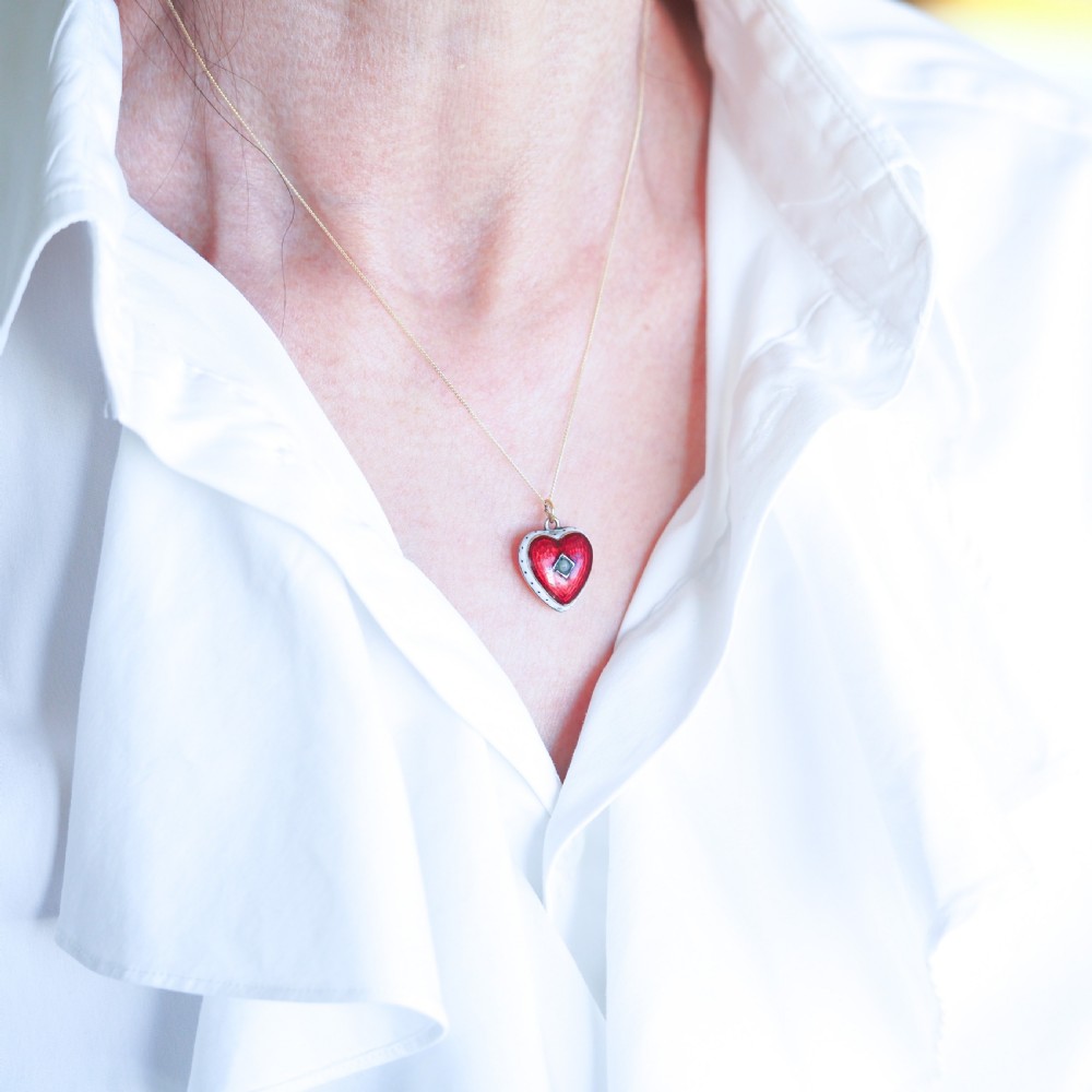 Antique Victorian Puffy Heart Pendant Necklace Red & White Enamel 9ct - c.1900 View VII