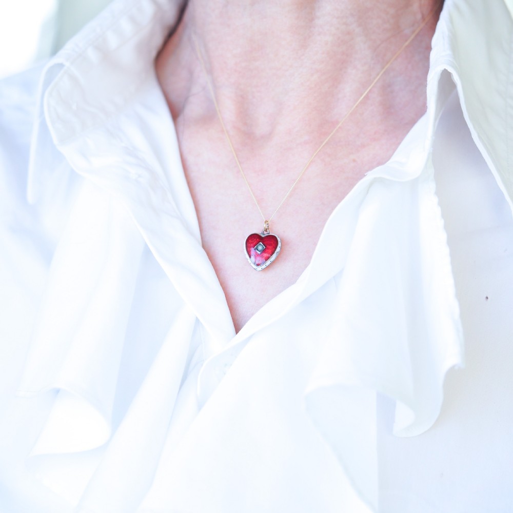 Antique Victorian Puffy Heart Pendant Necklace Red & White Enamel 9ct - c.1900 View IX