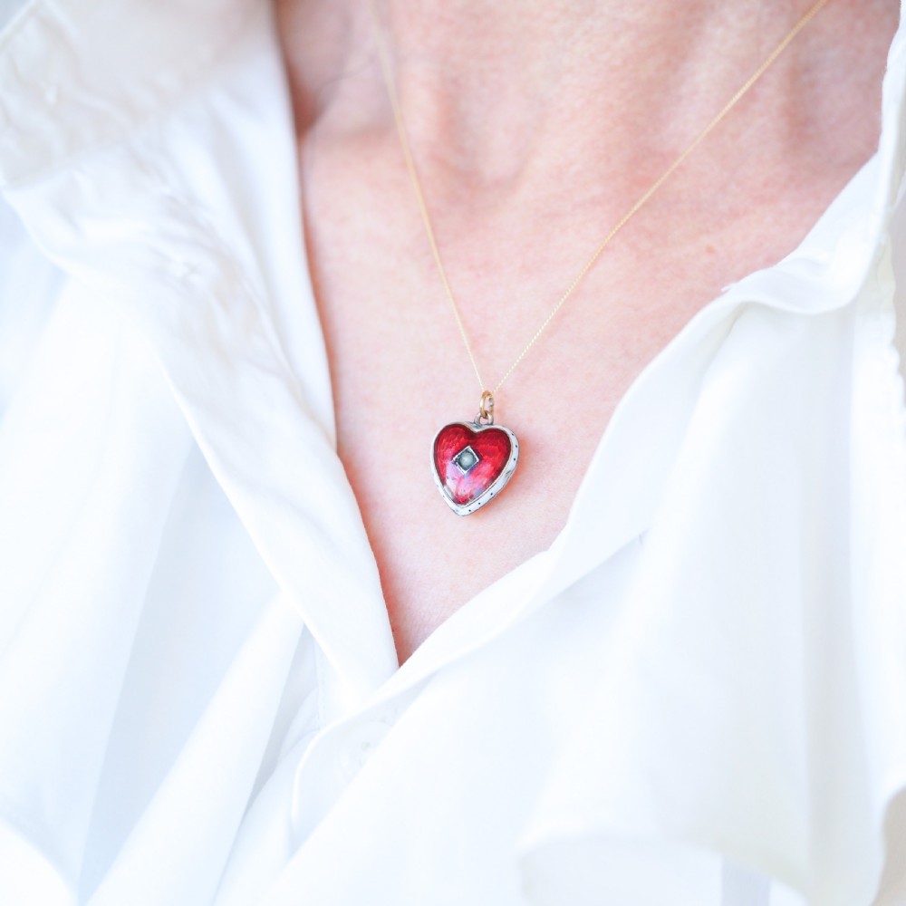 Antique Victorian Puffy Heart Pendant Necklace Red & White Enamel 9ct - c.1900 View X