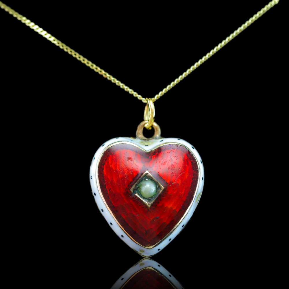 Antique Victorian Puffy Heart Pendant Necklace Red & White Enamel 9ct - c.1900 View XI