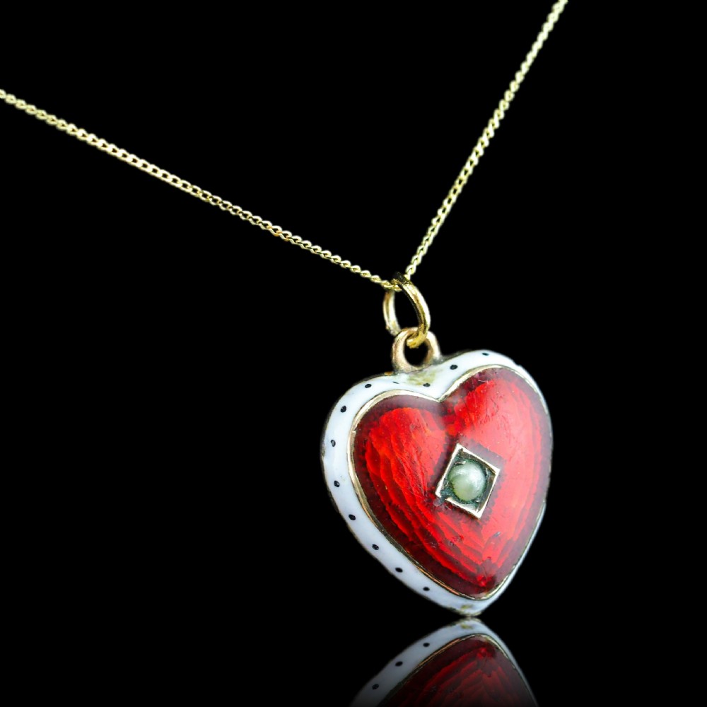 Antique Victorian Puffy Heart Pendant Necklace Red & White Enamel 9ct - c.1900 View XII