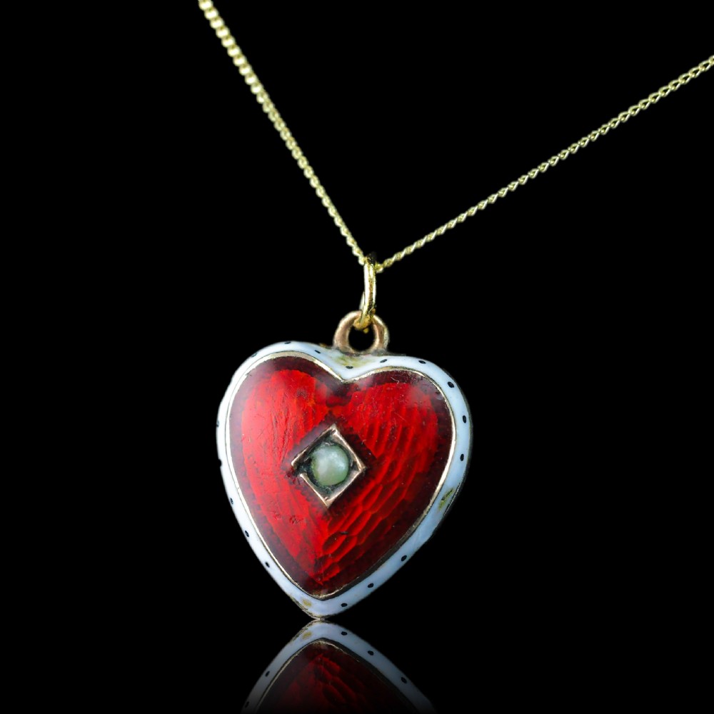 Antique Victorian Puffy Heart Pendant Necklace Red & White Enamel 9ct - c.1900 View XIII