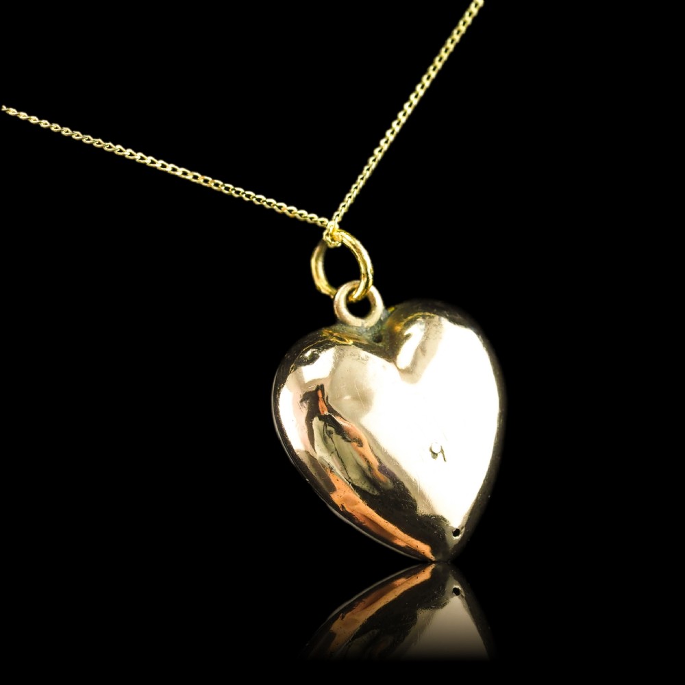 Antique Victorian Puffy Heart Pendant Necklace Red & White Enamel 9ct - c.1900 View XVII