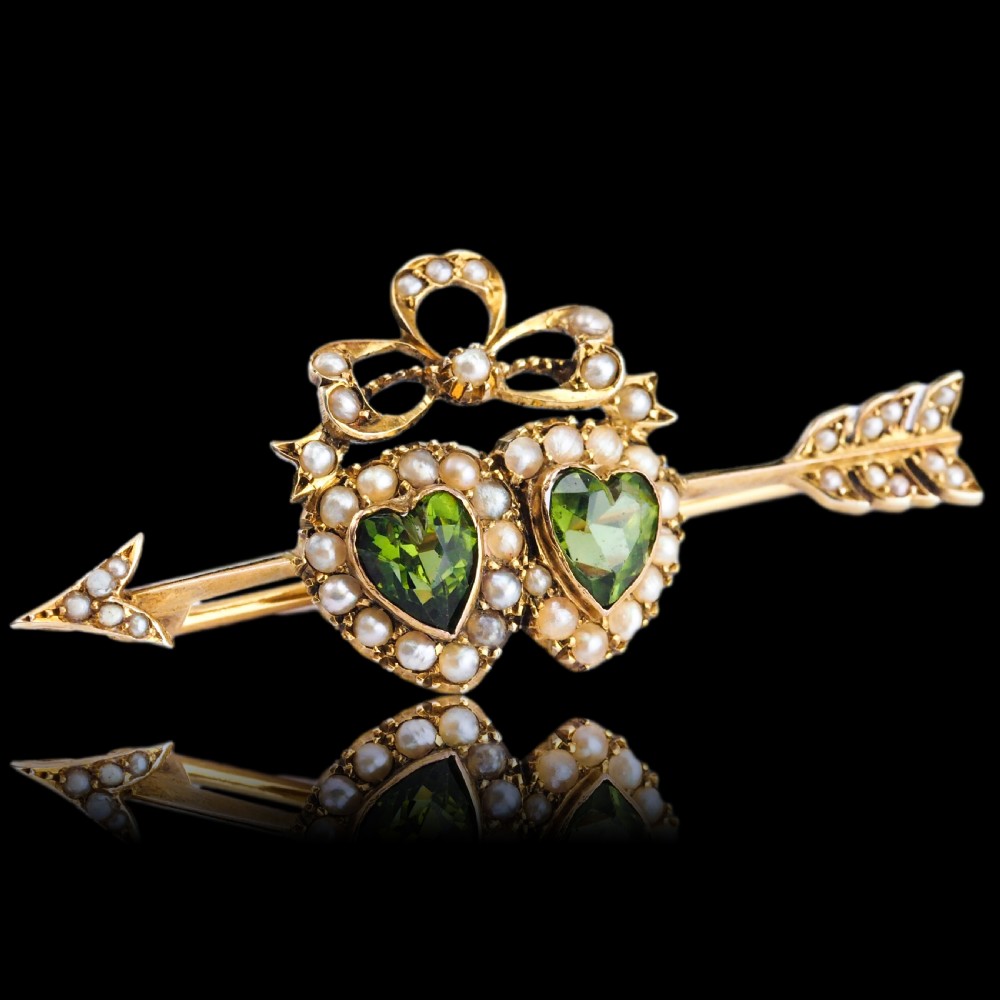 Antique Victorian Peridot & Pearl Twin Heart Arrow Brooch 9K Gold - c.1900 View II