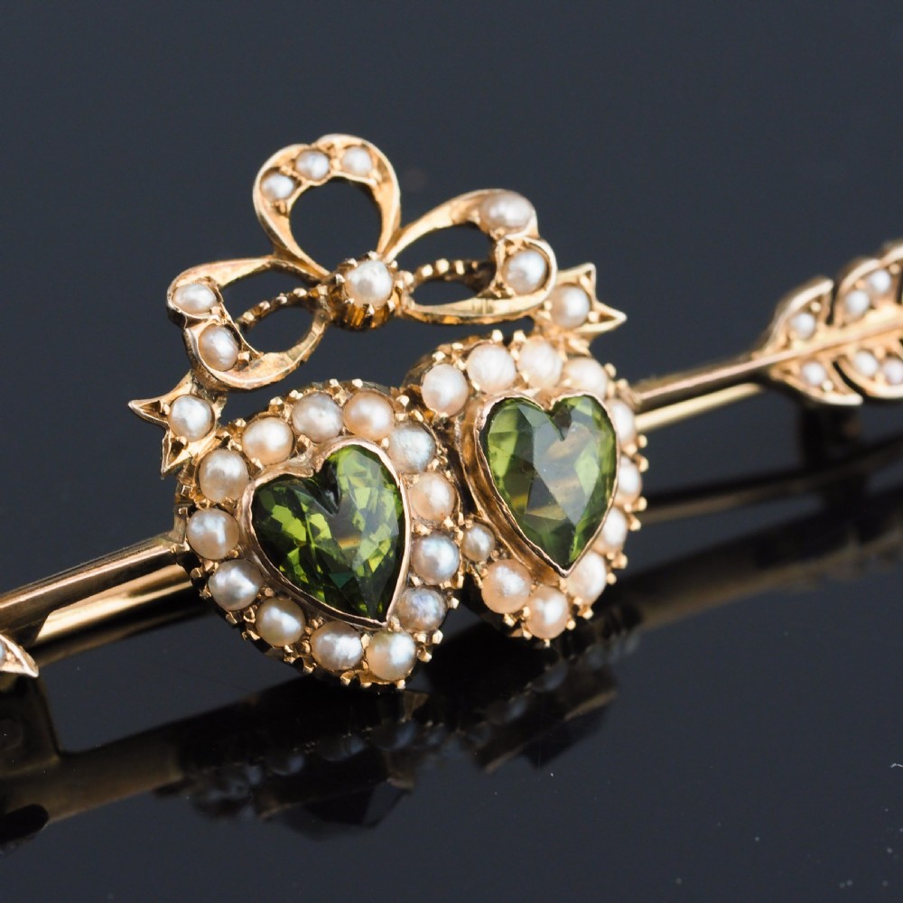 Antique Victorian Peridot & Pearl Twin Heart Arrow Brooch 9K Gold - c.1900 View III