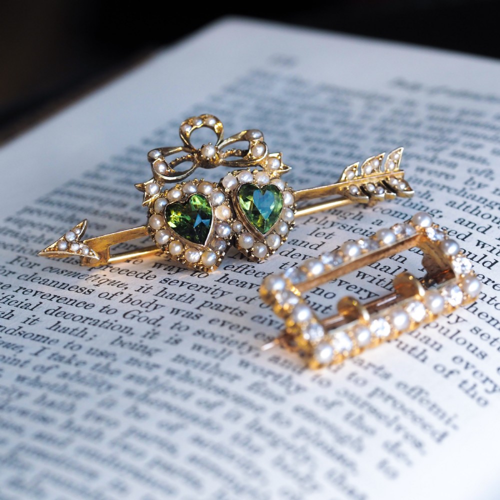 Antique Victorian Peridot & Pearl Twin Heart Arrow Brooch 9K Gold - c.1900 View V