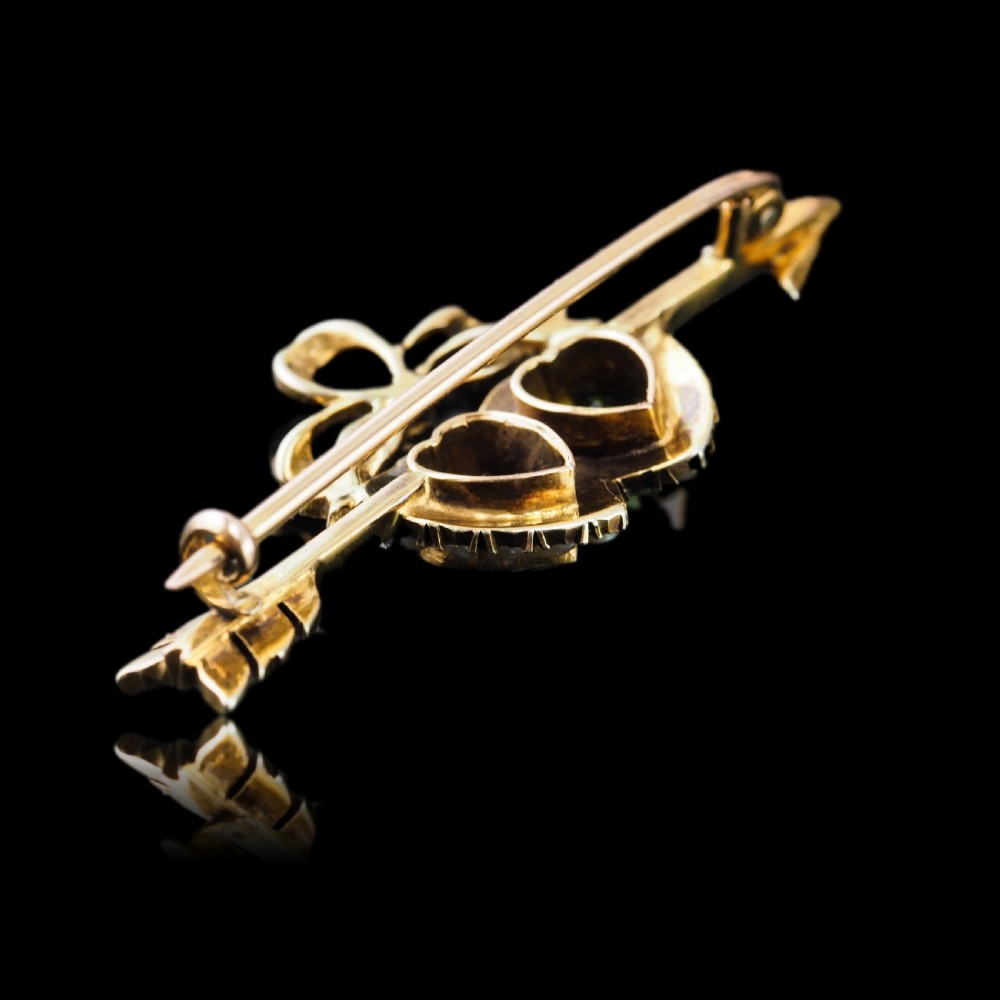 Antique Victorian Peridot & Pearl Twin Heart Arrow Brooch 9K Gold - c.1900 View XII