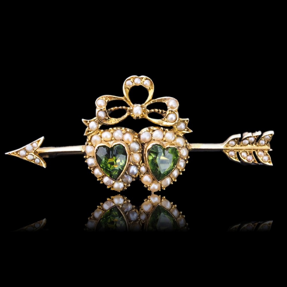 Antique Victorian Peridot & Pearl Twin Heart Arrow Brooch 9K Gold - c.1900 View XIII