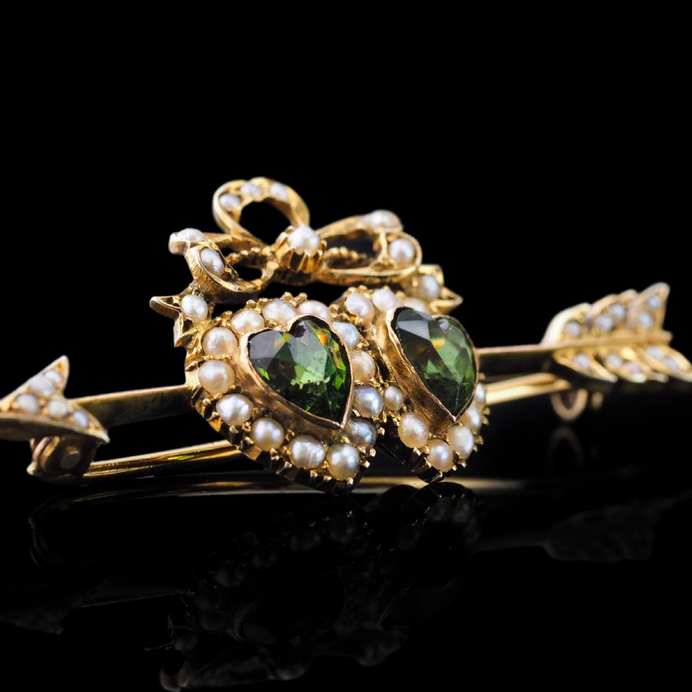 Antique Victorian Peridot & Pearl Twin Heart Arrow Brooch 9K Gold - c.1900 View XIV