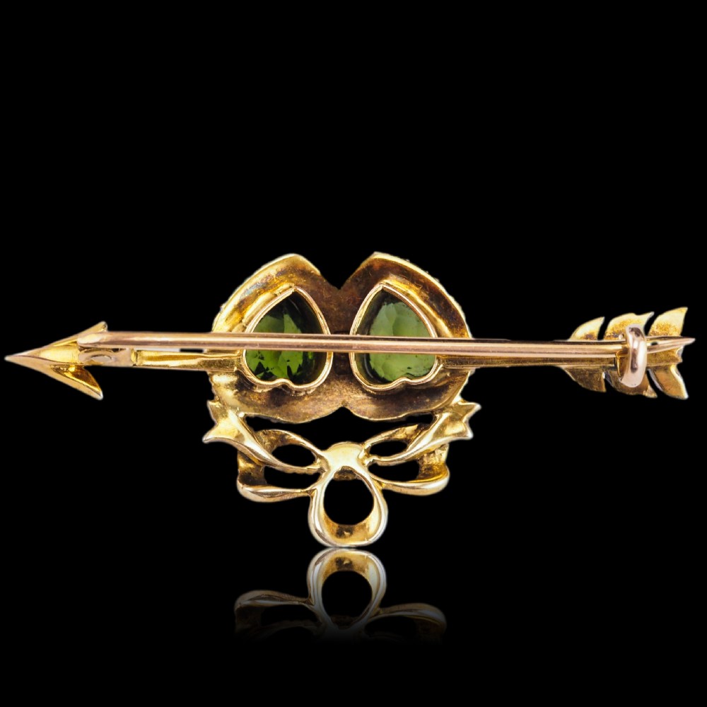 Antique Victorian Peridot & Pearl Twin Heart Arrow Brooch 9K Gold - c.1900 View XV