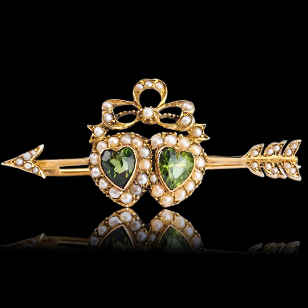 Antique Victorian Peridot & Pearl Twin Heart Arrow Brooch 9K Gold - c.1900 View XVII