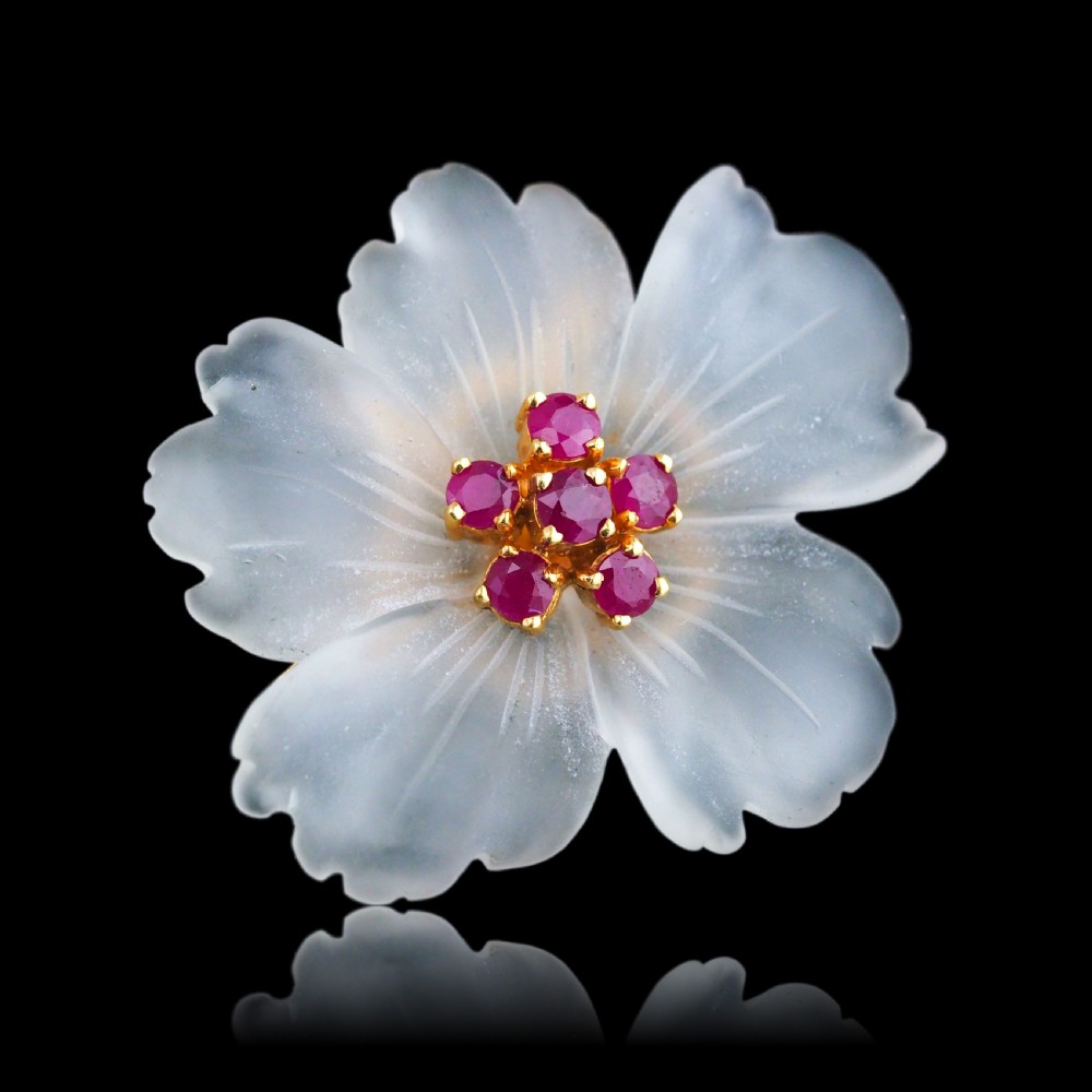 A Ruby & Rock Crystal Flower Brooch Pendant Necklace 18K Gold
