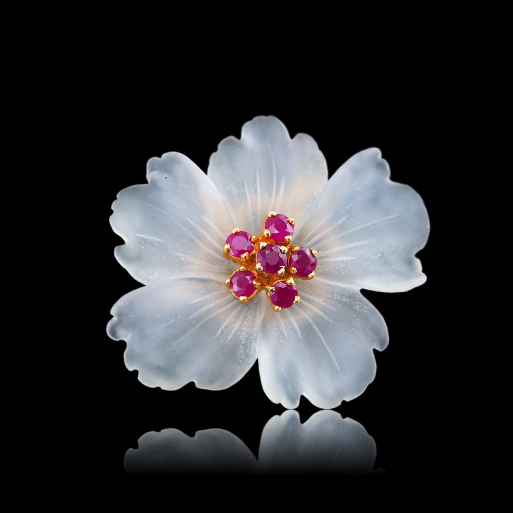 A Ruby & Rock Crystal Flower Brooch Pendant Necklace 18K Gold View II