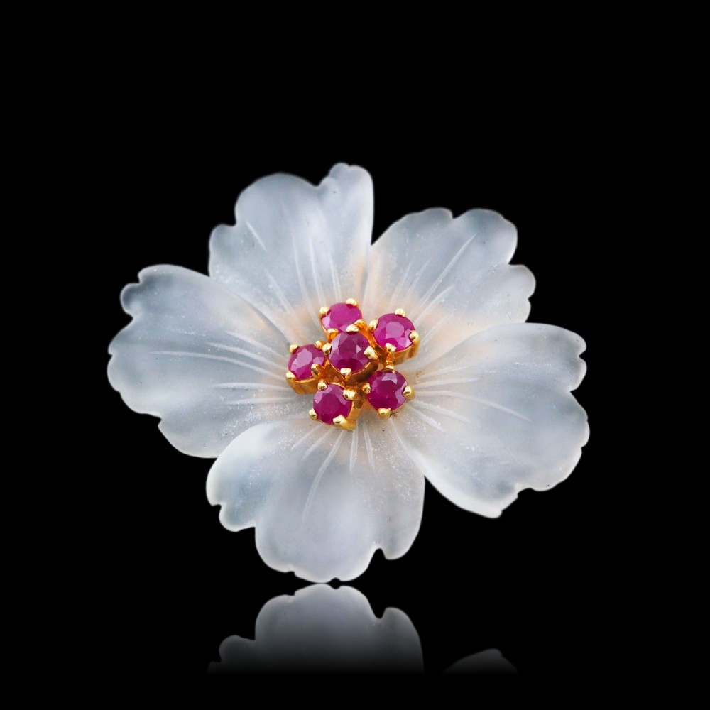 A Ruby & Rock Crystal Flower Brooch Pendant Necklace 18K Gold View III