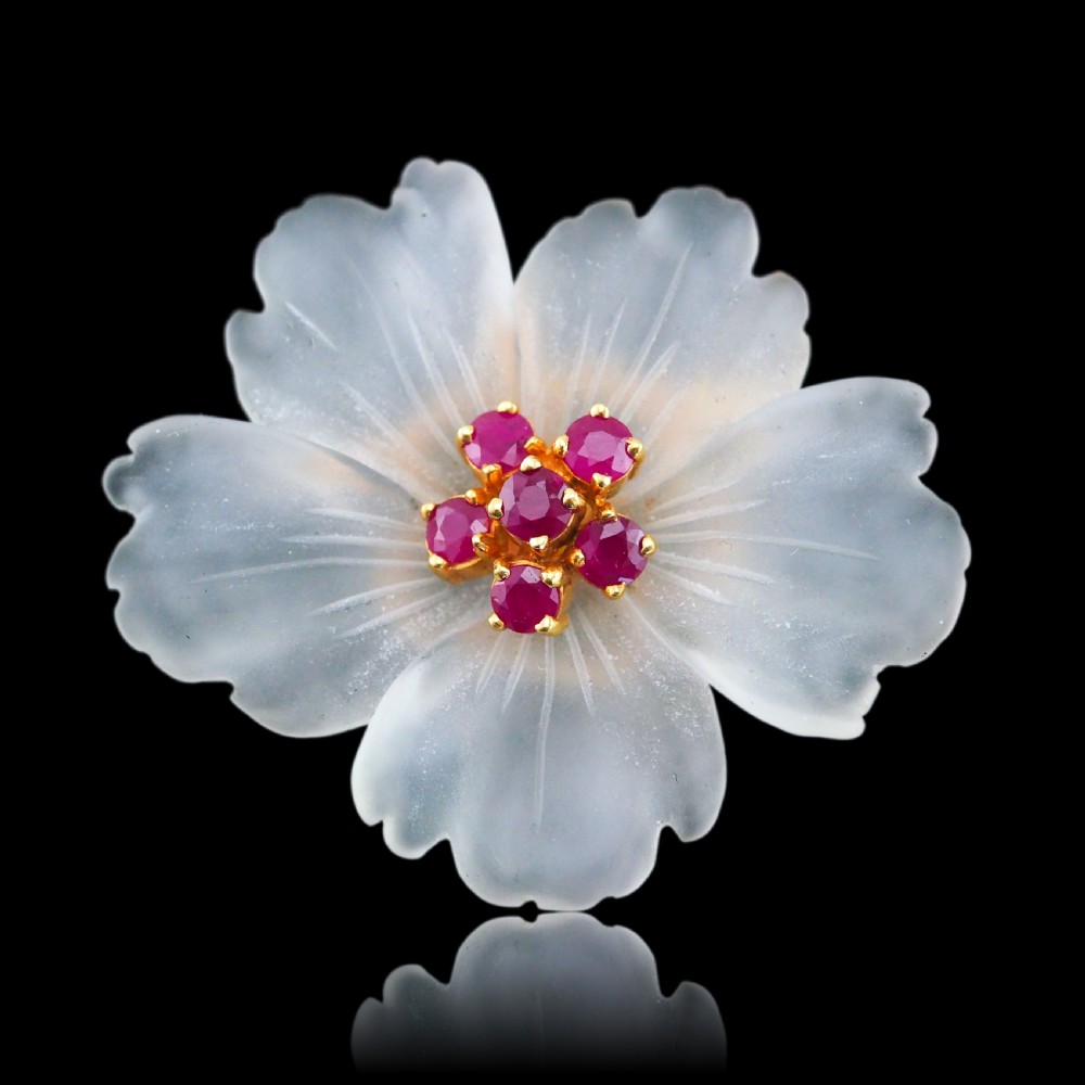 A Ruby & Rock Crystal Flower Brooch Pendant Necklace 18K Gold View IV