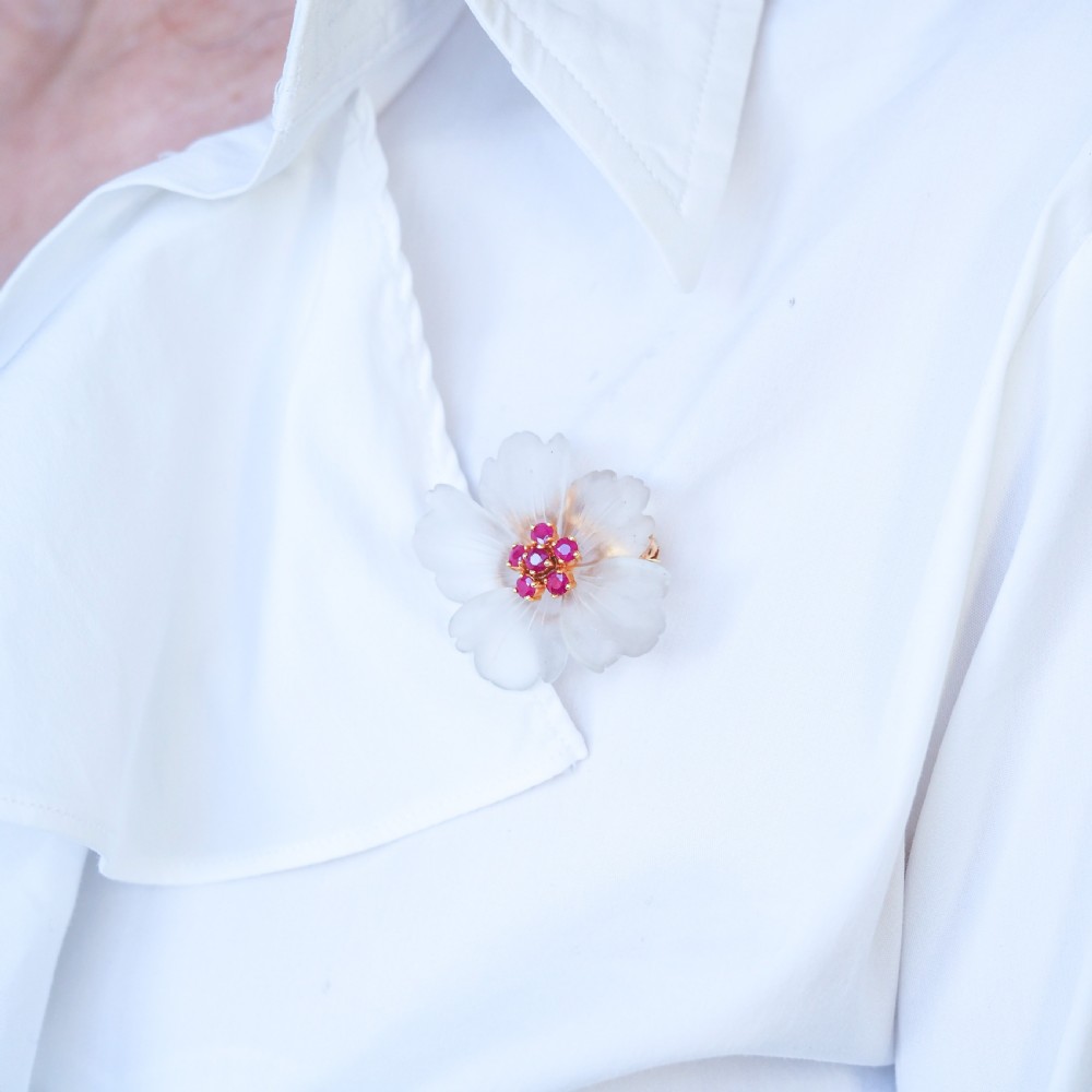 A Ruby & Rock Crystal Flower Brooch Pendant Necklace 18K Gold View X