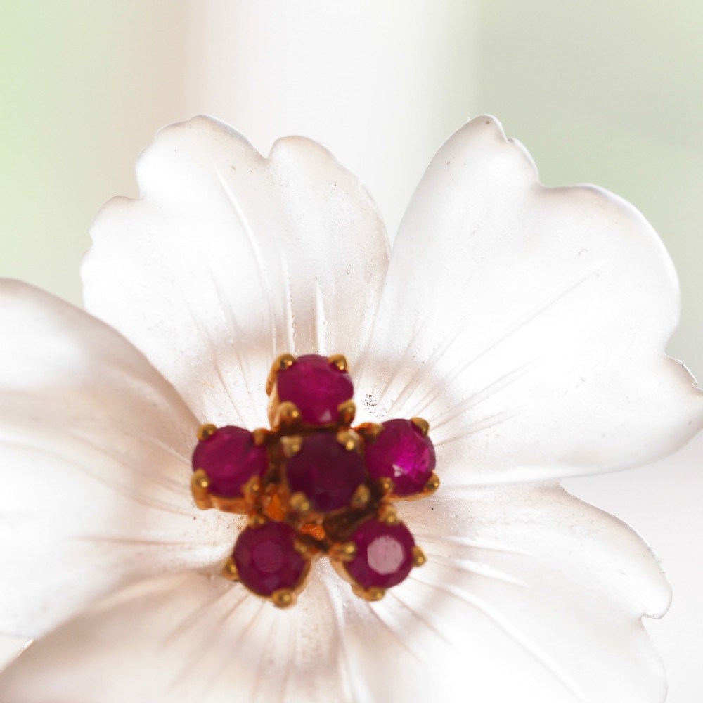 A Ruby & Rock Crystal Flower Brooch Pendant Necklace 18K Gold View XVI