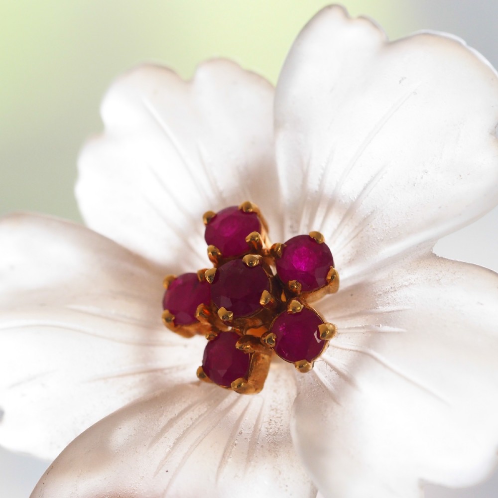 A Ruby & Rock Crystal Flower Brooch Pendant Necklace 18K Gold View XVII
