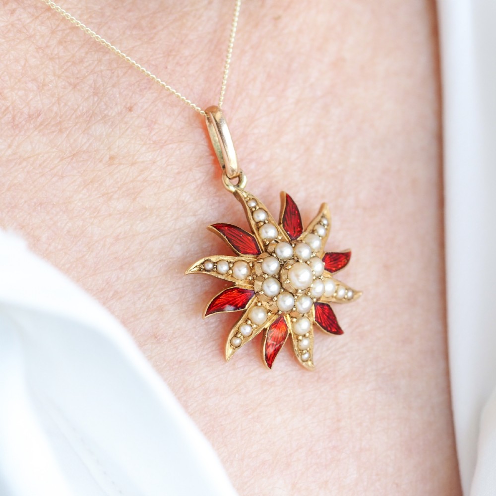 Antique Victorian Pearl Star Pendant Necklace with Red Enamel 15K Gold - c.1900 View II