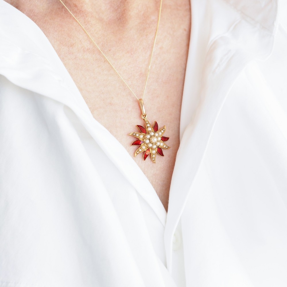 Antique Victorian Pearl Star Pendant Necklace with Red Enamel 15K Gold - c.1900 View III