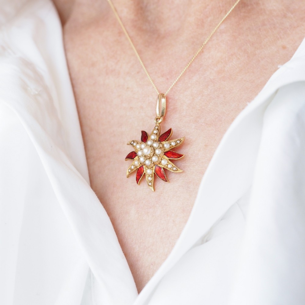 Antique Victorian Pearl Star Pendant Necklace with Red Enamel 15K Gold - c.1900 View IV